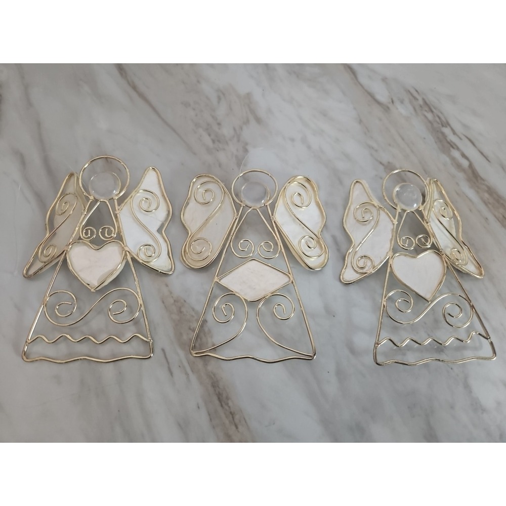 Capiz Shell Angel Ornaments Hearts Gold Accents Set‎ Of 3